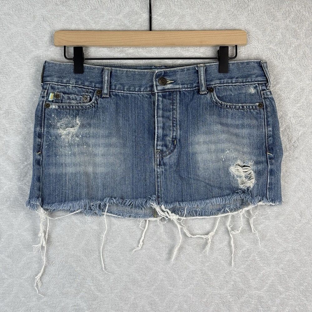 Vtg Y2K Hollister Low Rise Micro Mini Skirt 7/32" Cut Off Denim Distressed Broho